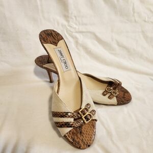Jimmy Choo Snakeskin Leather Double Buckle Kitten Heel Sandals